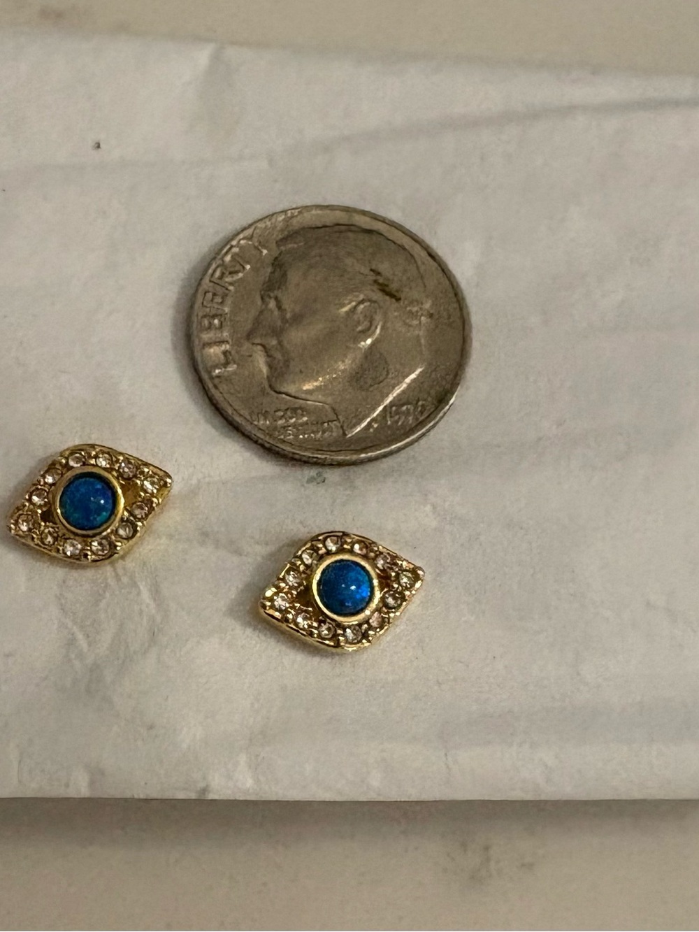 Gold Eye-Shaped Stud Earrings with Blue Center- NIB